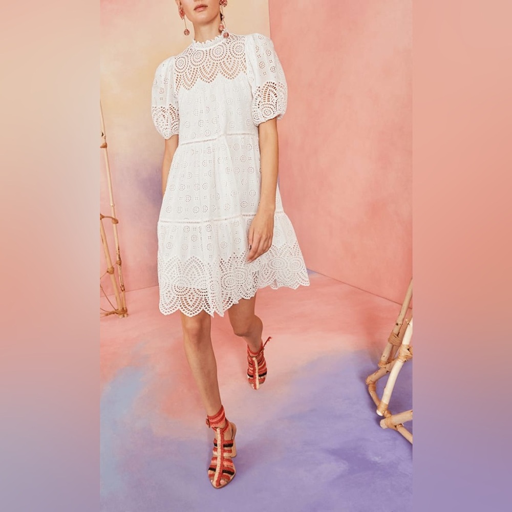 Ulla Johnson Simone Puff Sleeve‎ Eyelet Shift Dress Size 2 White Bridal Lace